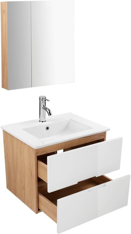 Welltime Badkamerserie Lund badkamermeubelset badkamerkast badkamerset Spiegelkast wastafelonderkast en wasbak breedte 60 cm (complete set) - Foto 12