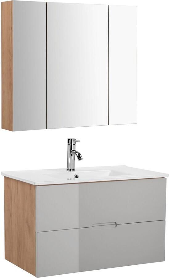 Welltime Badkamerserie Lund badkamermeubelset badkamerkast badkamerset Wastafelonderkast spiegelkast en bekken breedte 80 cm (complete set 3-delig) - Foto 12