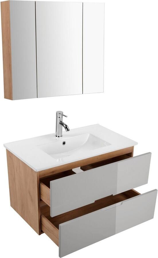 Welltime Badkamerserie Lund badkamermeubelset badkamerkast badkamerset Wastafelonderkast spiegelkast en bekken breedte 80 cm (complete set 3-delig) - Foto 11