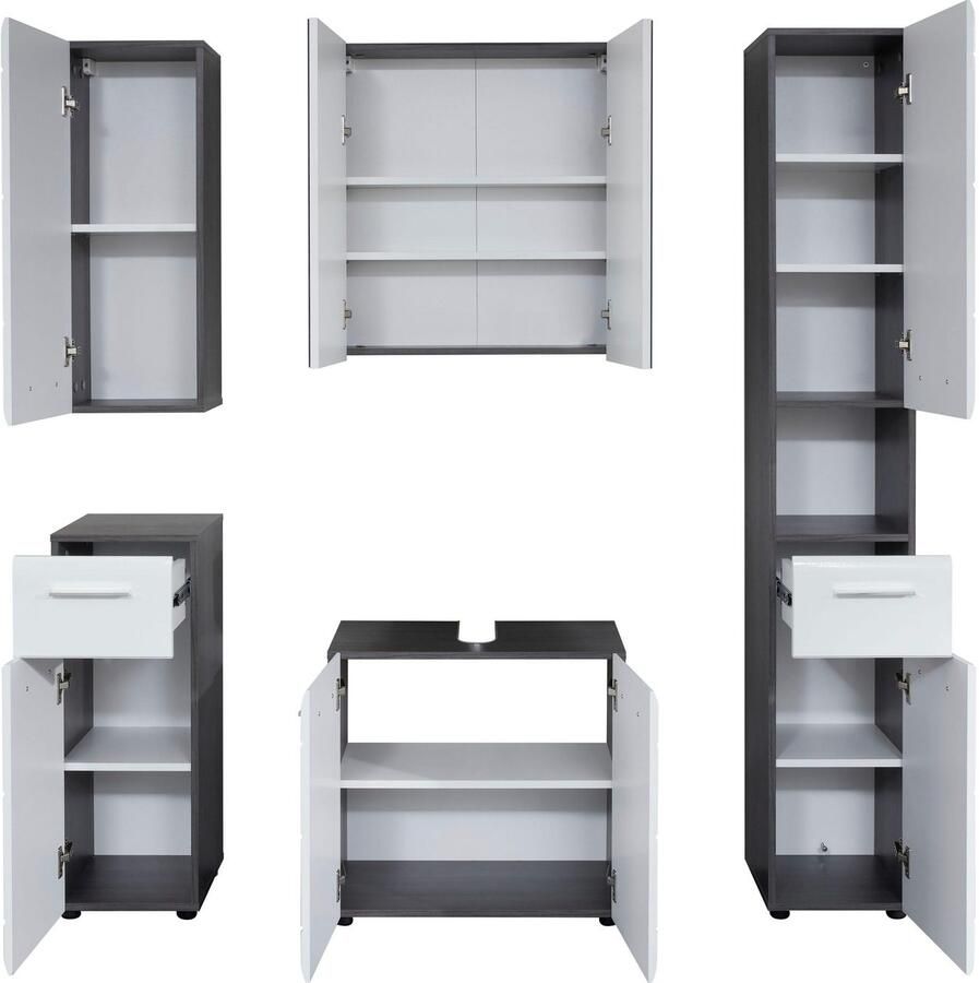 Welltime Badkamerserie Sovana Badkamermeubels met hoogglanzende fronten en chroomglanzende handgrepen (set 5-delig)