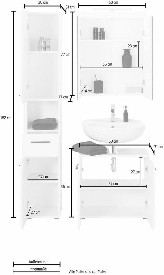 Welltime Badkamerserie Sovana Badkamermeubels Spiegel met verlichting hoge kast en wastafel (set 3-delig) - Foto 11