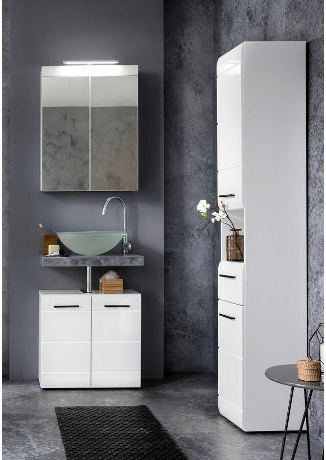 Welltime Badkamerserie Sovana Badkamermeubels Spiegel met verlichting hoge kast en wastafel (set 3-delig) - Foto 4