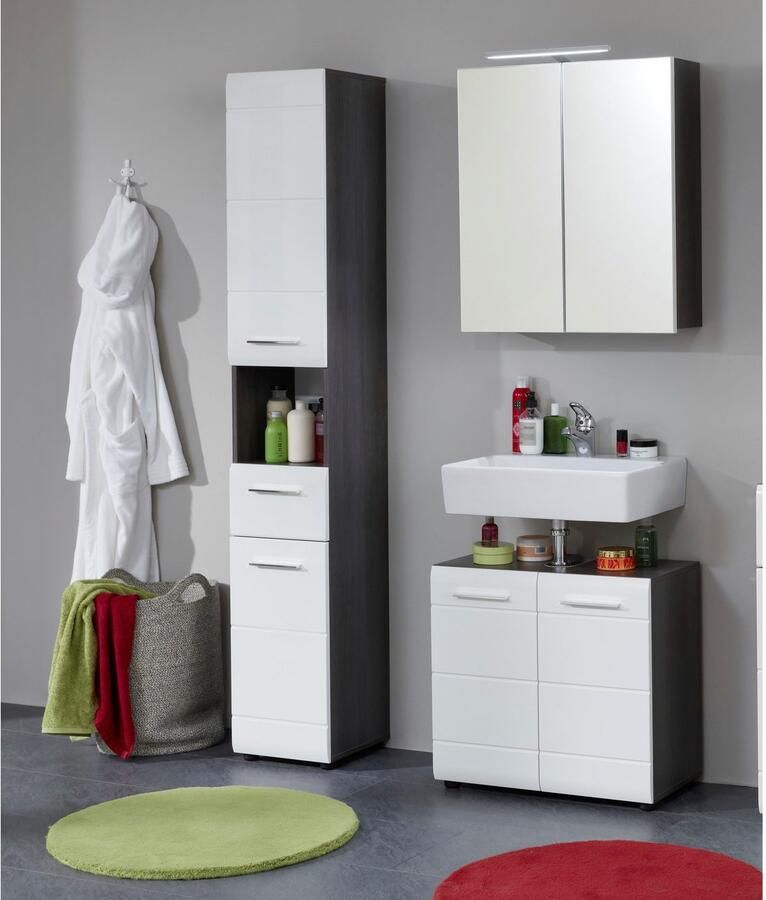 Welltime Badkamerserie Sovana Hoge kast wastafel en spiegelkast met verlichting (set 3-delig)