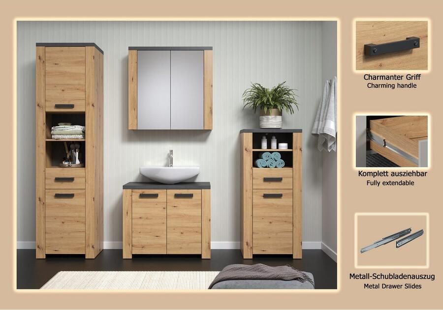 Welltime Badkamerset Ambres Compleet set: hoge kast spiegelkast commode & staande kast (4-delig) - Foto 2