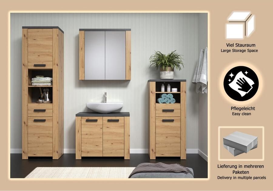 Welltime Badkamerset Ambres Compleet set: hoge kast spiegelkast commode & staande kast (4-delig) - Foto 3