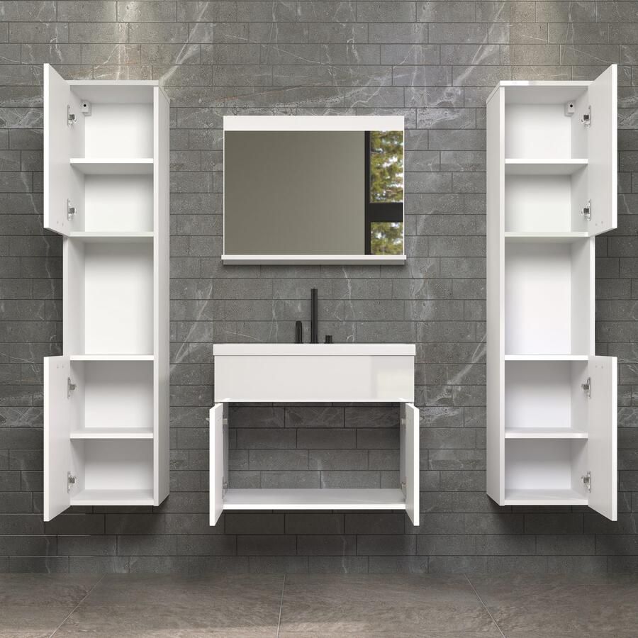 Welltime Badkamerset Kuba Hangkasten wastafel met wastafel en wandspiegel met plank (complete set 4-delig)