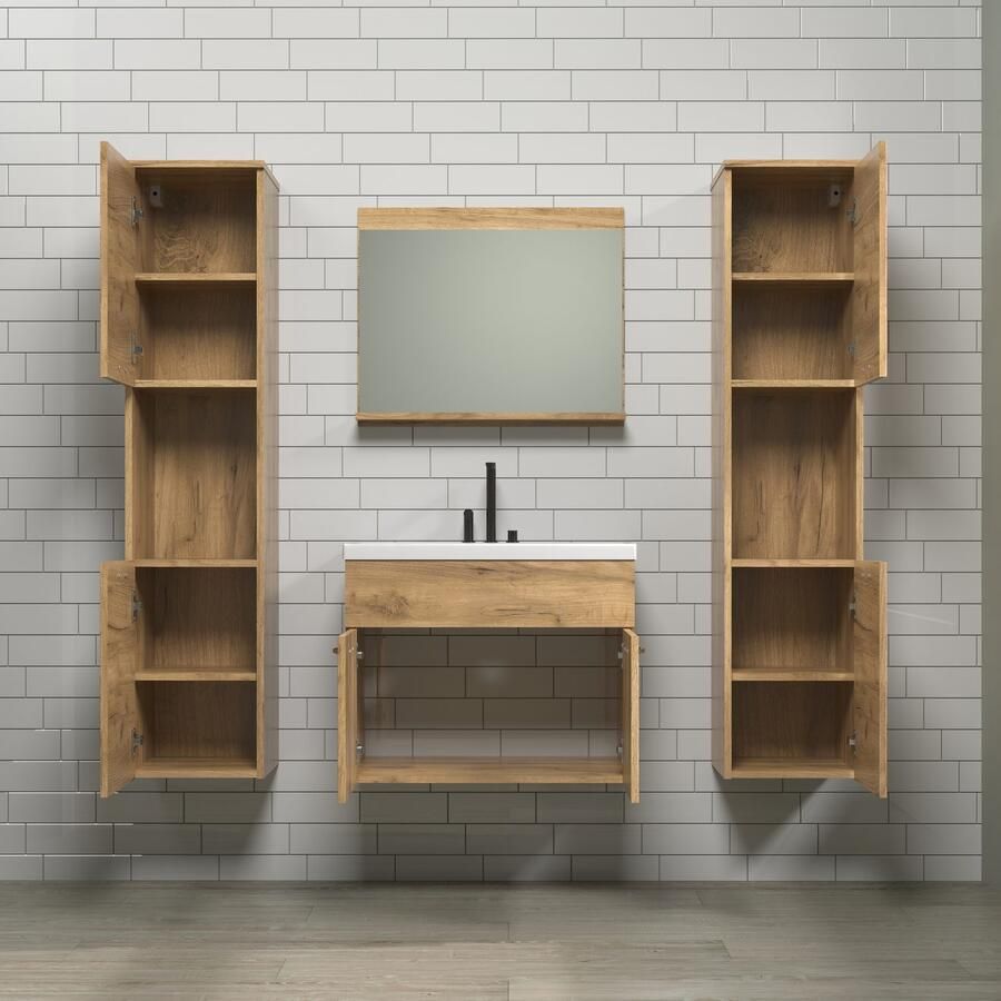 Welltime Badkamerset Kuba Hangkasten wastafel met wastafel en wandspiegel met plank (complete set 4-delig)