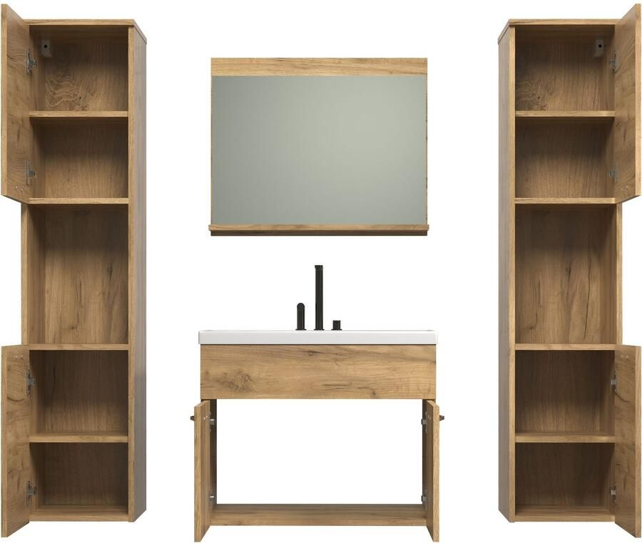 Welltime Badkamerset Kuba Hangkasten wastafel met wastafel en wandspiegel met plank (complete set 4-delig) - Foto 6