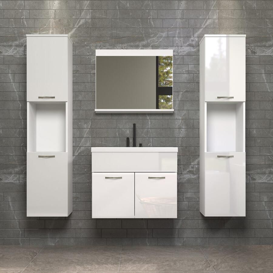 Welltime Badkamerset Kuba Hangkasten wastafel met wastafel en wandspiegel met plank (complete set 4-delig) - Foto 3