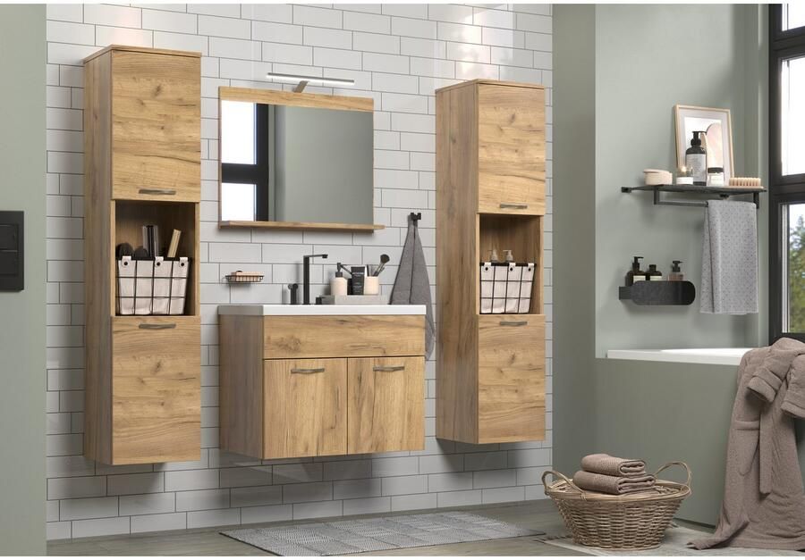 Welltime Badkamerset Kuba Hangkasten wastafel met wastafel en wandspiegel met plank (complete set 4-delig) - Foto 8