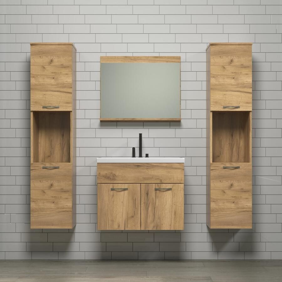 Welltime Badkamerset Kuba Hangkasten wastafel met wastafel en wandspiegel met plank (complete set 4-delig) - Foto 3