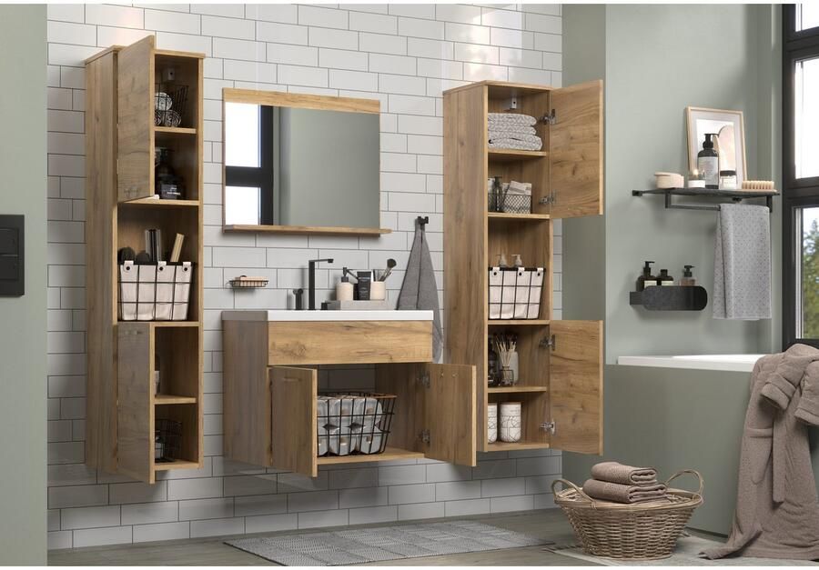 Welltime Badkamerset Kuba Hangkasten wastafel met wastafel en wandspiegel met plank (complete set 4-delig) - Foto 9