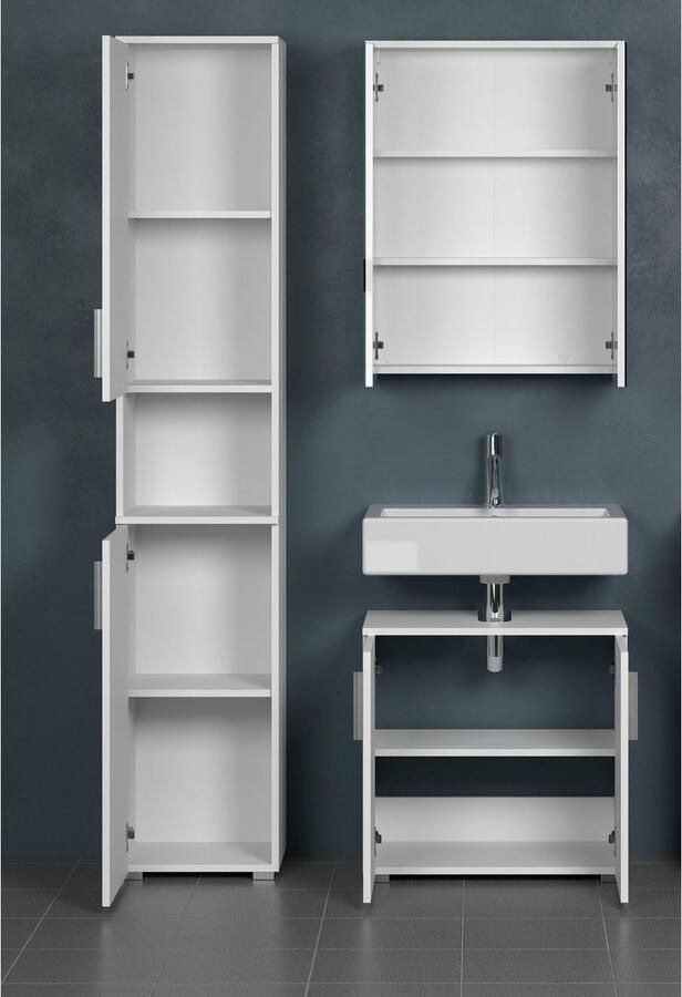 Welltime Badkamerset Praag Hoge kast wastafel en spiegelkast met verticale frezingen (set 3 stuks) - Foto 5