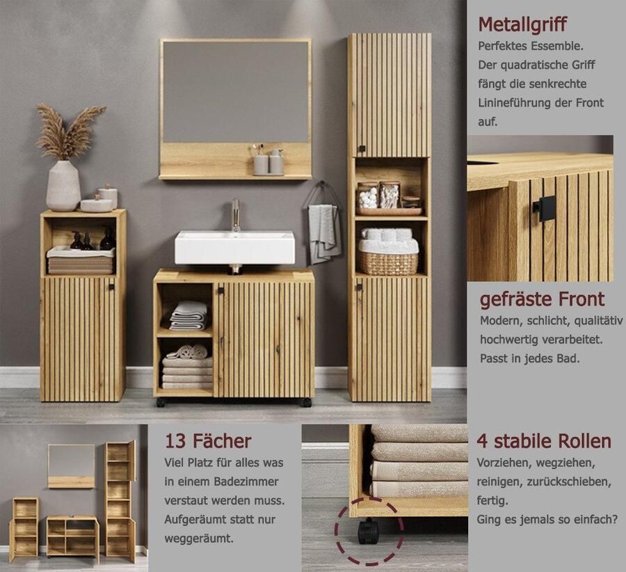Welltime Badmeubelset Amrum wastafelonderkast spiegel hoge kast badkamerkast 4-delig badkamermeubelset eiken structuur afmetingen (b d h) 180 42 186 cm (complete set 4 stuks) - Foto 8
