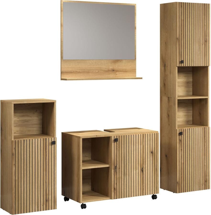 Welltime Badmeubelset Amrum wastafelonderkast spiegel hoge kast badkamerkast 4-delig badkamermeubelset eiken structuur afmetingen (b d h) 180 42 186 cm (complete set 4 stuks) - Foto 4