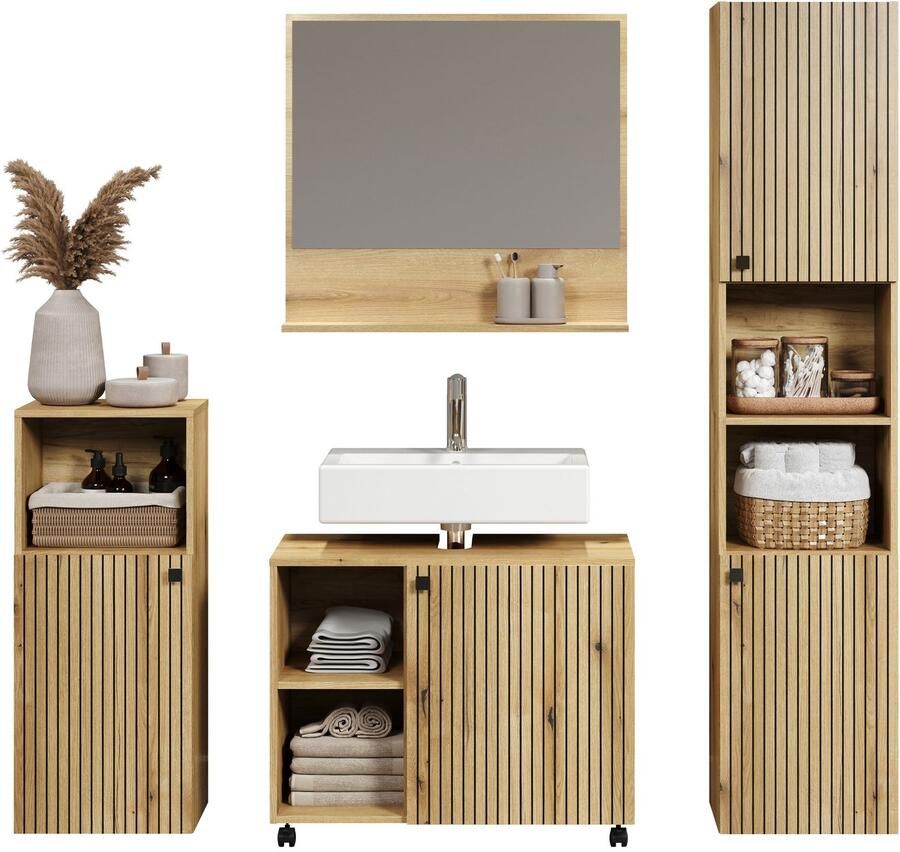 Welltime Badmeubelset Amrum wastafelonderkast spiegel hoge kast badkamerkast 4-delig badkamermeubelset eiken structuur afmetingen (b d h) 180 42 186 cm (complete set 4 stuks) - Foto 7