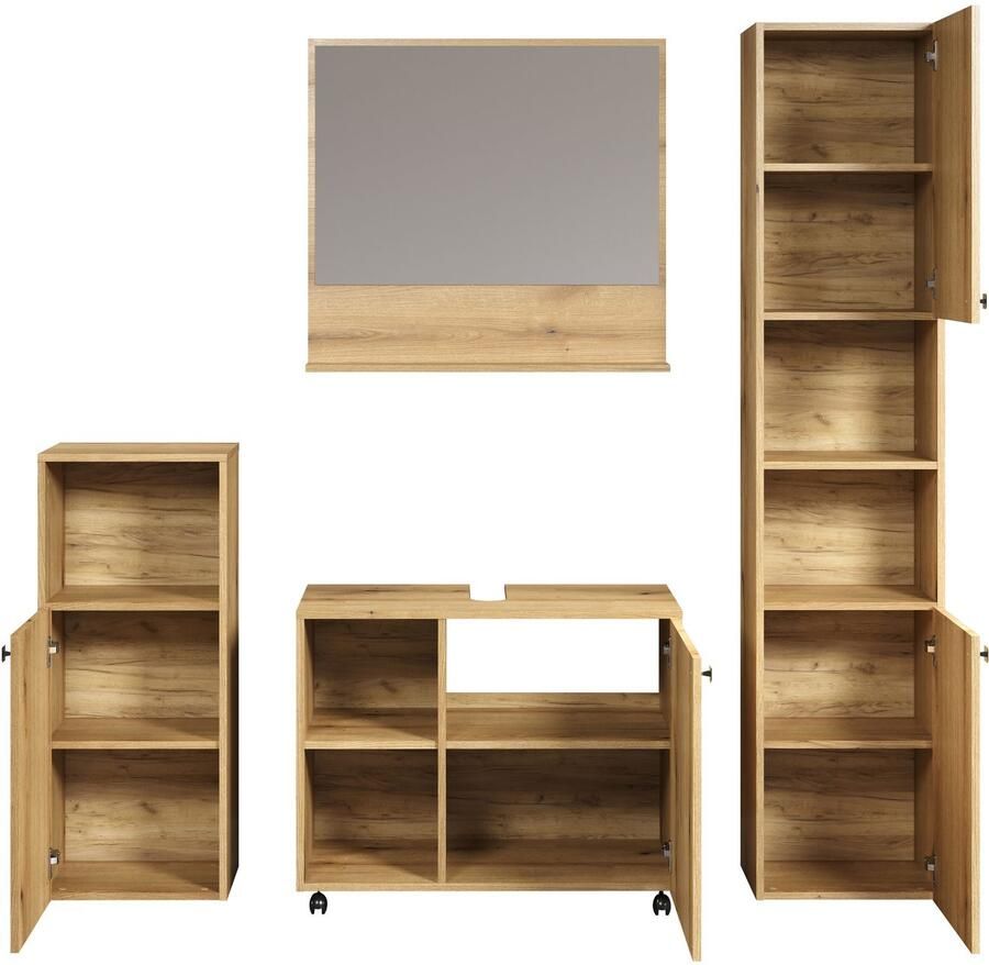 Welltime Badmeubelset Amrum wastafelonderkast spiegel hoge kast badkamerkast 4-delig badkamermeubelset eiken structuur afmetingen (b d h) 180 42 186 cm (complete set 4 stuks) - Foto 5