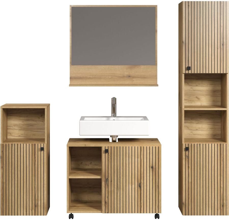 Welltime Badmeubelset Amrum wastafelonderkast spiegel hoge kast badkamerkast 4-delig badkamermeubelset eiken structuur afmetingen (b d h) 180 42 186 cm (complete set 4 stuks) - Foto 6