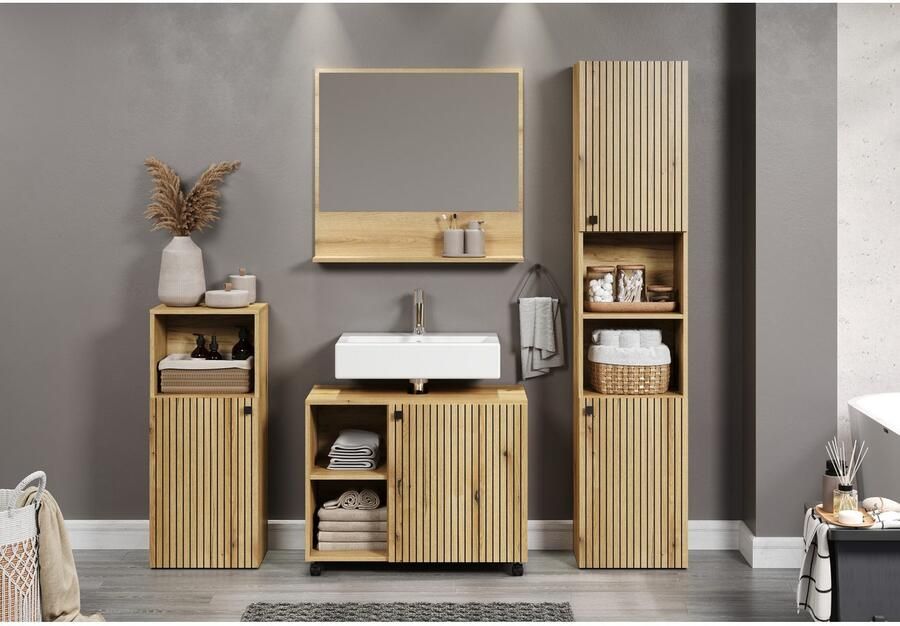 Welltime Badmeubelset Amrum wastafelonderkast spiegel hoge kast badkamerkast 4-delig badkamermeubelset eiken structuur afmetingen (b d h) 180 42 186 cm (complete set 4 stuks) - Foto 9