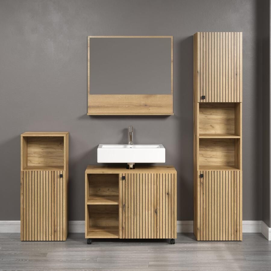 Welltime Badmeubelset Amrum wastafelonderkast spiegel hoge kast badkamerkast 4-delig badkamermeubelset eiken structuur afmetingen (b d h) 180 42 186 cm (complete set 4 stuks) - Foto 2