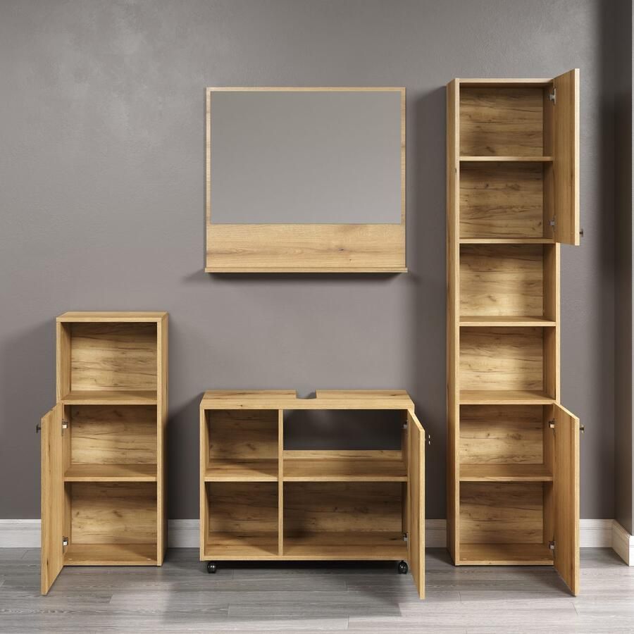 Welltime Badmeubelset Amrum wastafelonderkast spiegel hoge kast badkamerkast 4-delig badkamermeubelset eiken structuur afmetingen (b d h) 180 42 186 cm (complete set 4 stuks) - Foto 3