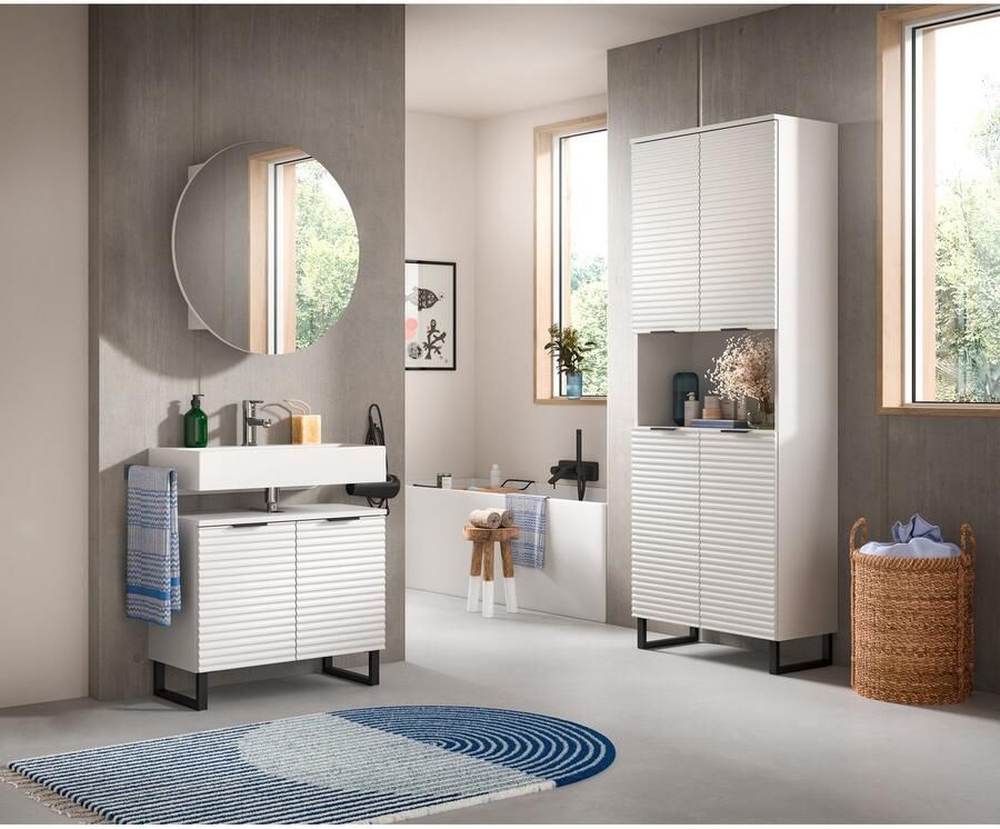 Welltime Badmeubelset Litica breedte 155 cm hoogwaardige groeffrezing metalen slede (3 stuks) - Foto 4