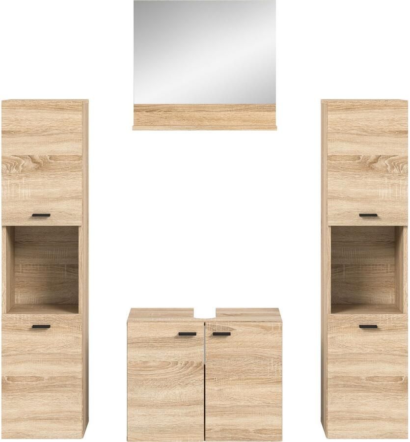 Welltime Badmeubelset Tampa breedte 137cm 4-delig Wastafelonderkast spiegel hoge kast (4 stuks)