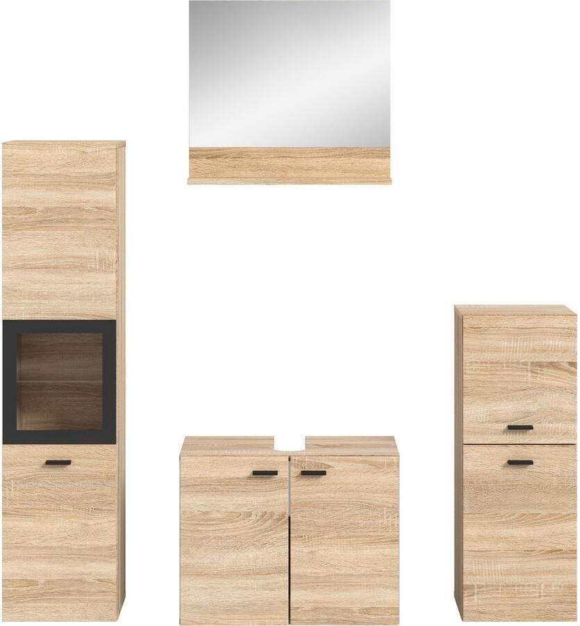 Welltime Badmeubelset Tampa breedte 137cm 4-delig Wastafelonderkast spiegel hoge kast midikast (4 stuks)