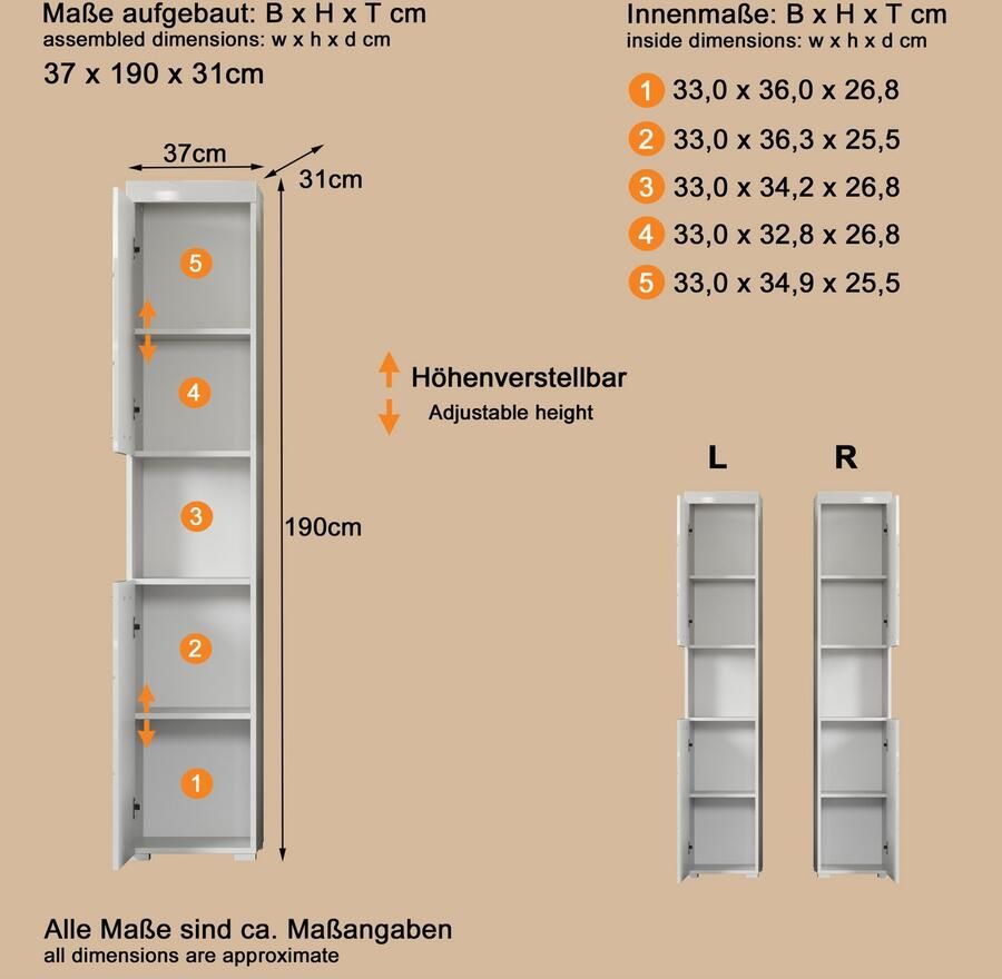 Welltime Hoge kast Avena Badkast met 2 deuren & 1 vak (B D H) 37 31 190 cm - Foto 2
