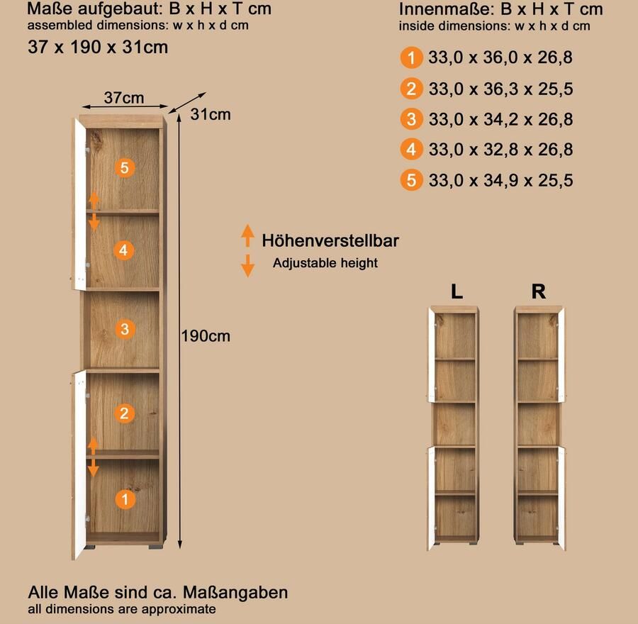 Welltime Hoge kast Avena Badkast met 2 deuren & 1 vak (B D H) 37 31 190 cm - Foto 2