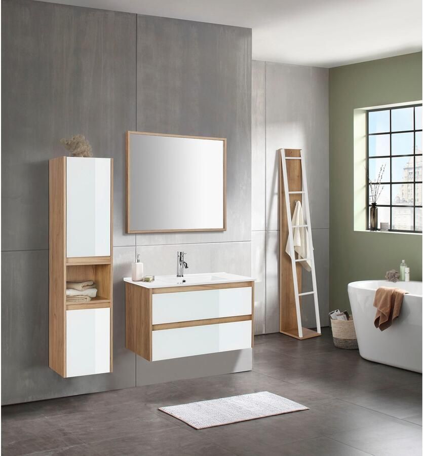 Welltime Hoge kast Torun badkamerkast kast breedte 35 cm met glazen fronten