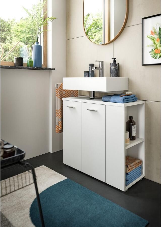 Welltime Wastafelonderkast Breedte 65cm met zijrek 2 deuren 4 vakken Wastafel onderkast kast badkast badkamerkast - Foto 5