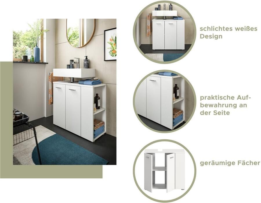 Welltime Wastafelonderkast Breedte 65cm met zijrek 2 deuren 4 vakken Wastafel onderkast kast badkast badkamerkast - Foto 3