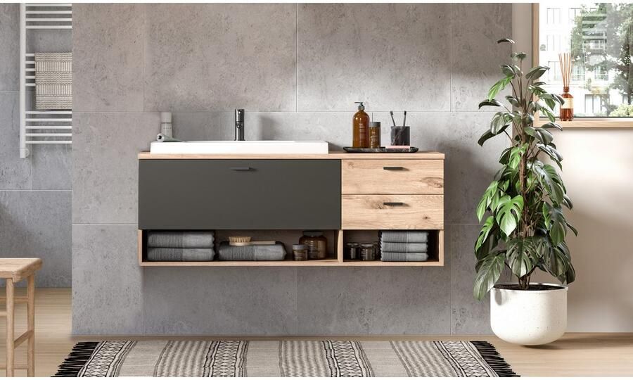 Welltime Wastafelonderkast Dolo breedte 138 cm incl. opzetwastafel 2 lades 1 klep Hangkast onderkast badkamermeubels badkamerkast kast badkamer (2-delig) - Foto 5