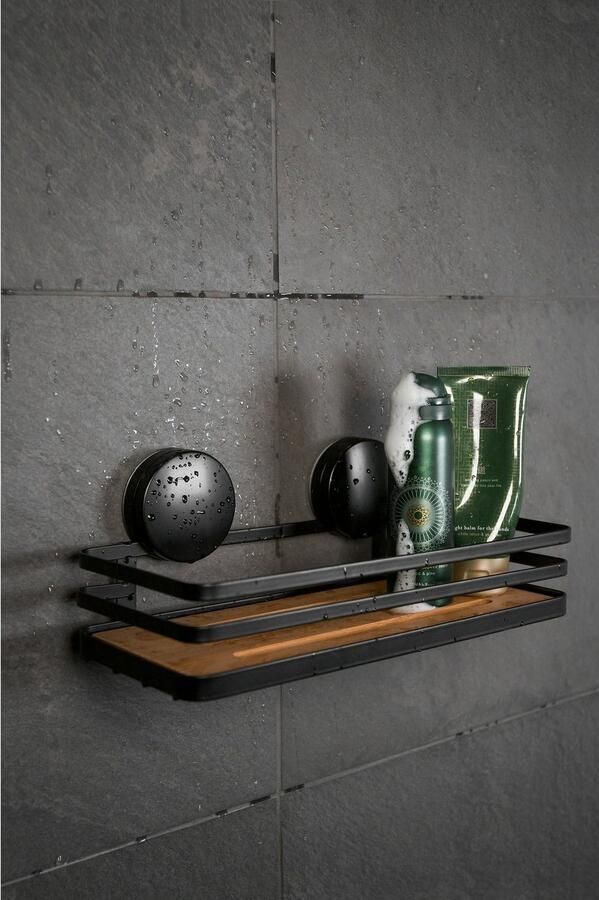 Wenko Static-Loc Plus Alba Wandplank badkamerplank van gelakt staal en duurzame bamboe bevestigen zonder boren veilige grip door statische hechting 26 x 11 x 12 cm zwart naturel - Foto 7