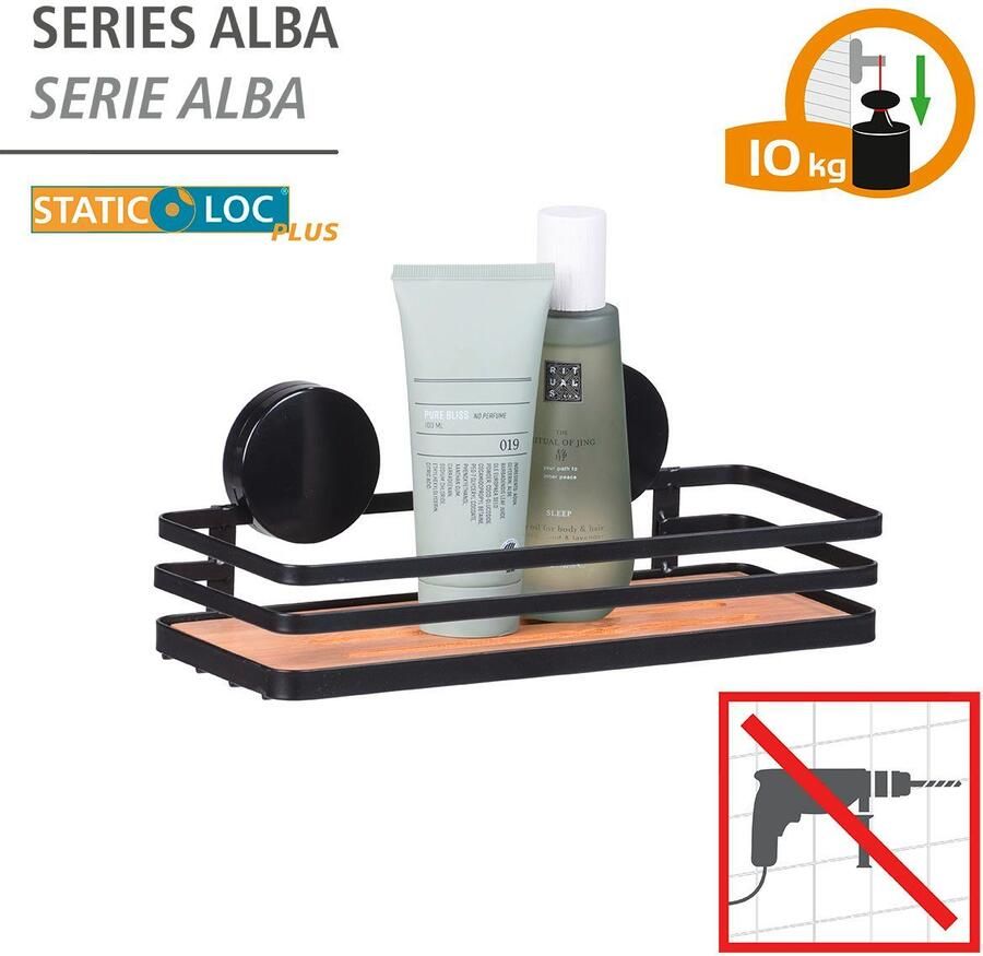 Wenko Static-Loc Plus Alba Wandplank badkamerplank van gelakt staal en duurzame bamboe bevestigen zonder boren veilige grip door statische hechting 26 x 11 x 12 cm zwart naturel - Foto 5