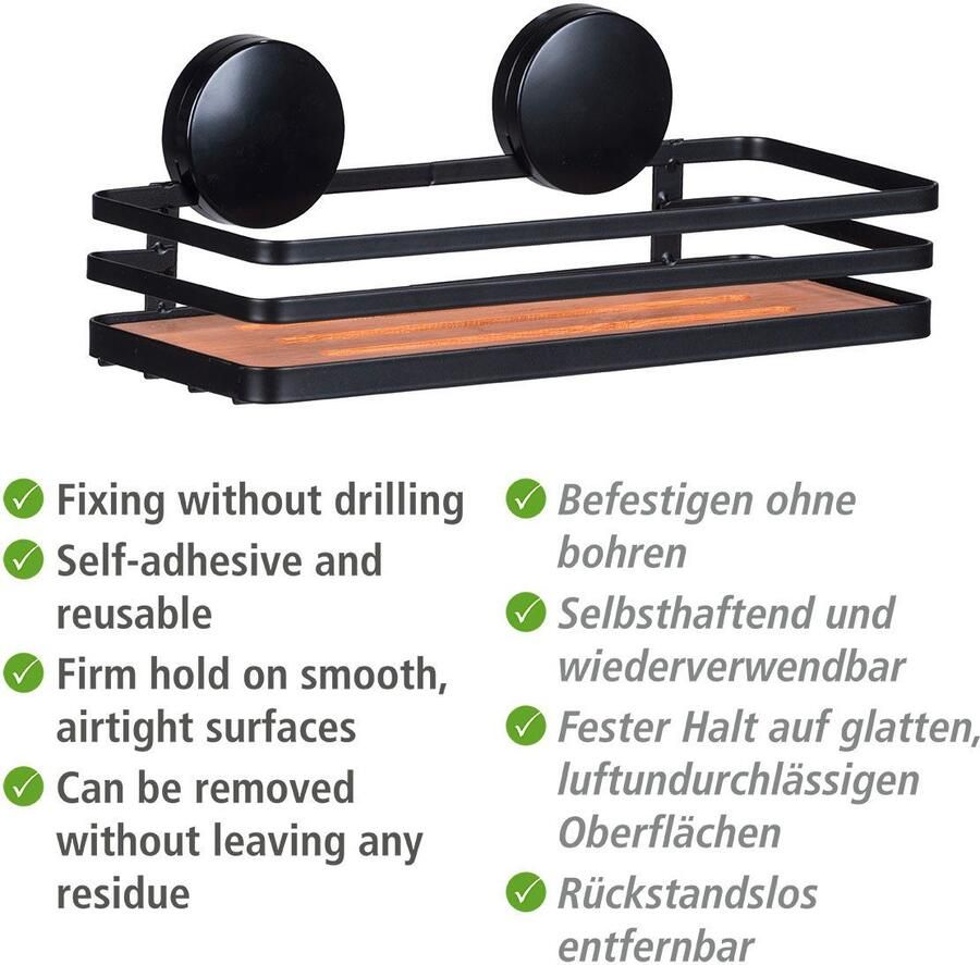 Wenko Static-Loc Plus Alba Wandplank badkamerplank van gelakt staal en duurzame bamboe bevestigen zonder boren veilige grip door statische hechting 26 x 11 x 12 cm zwart naturel - Foto 3