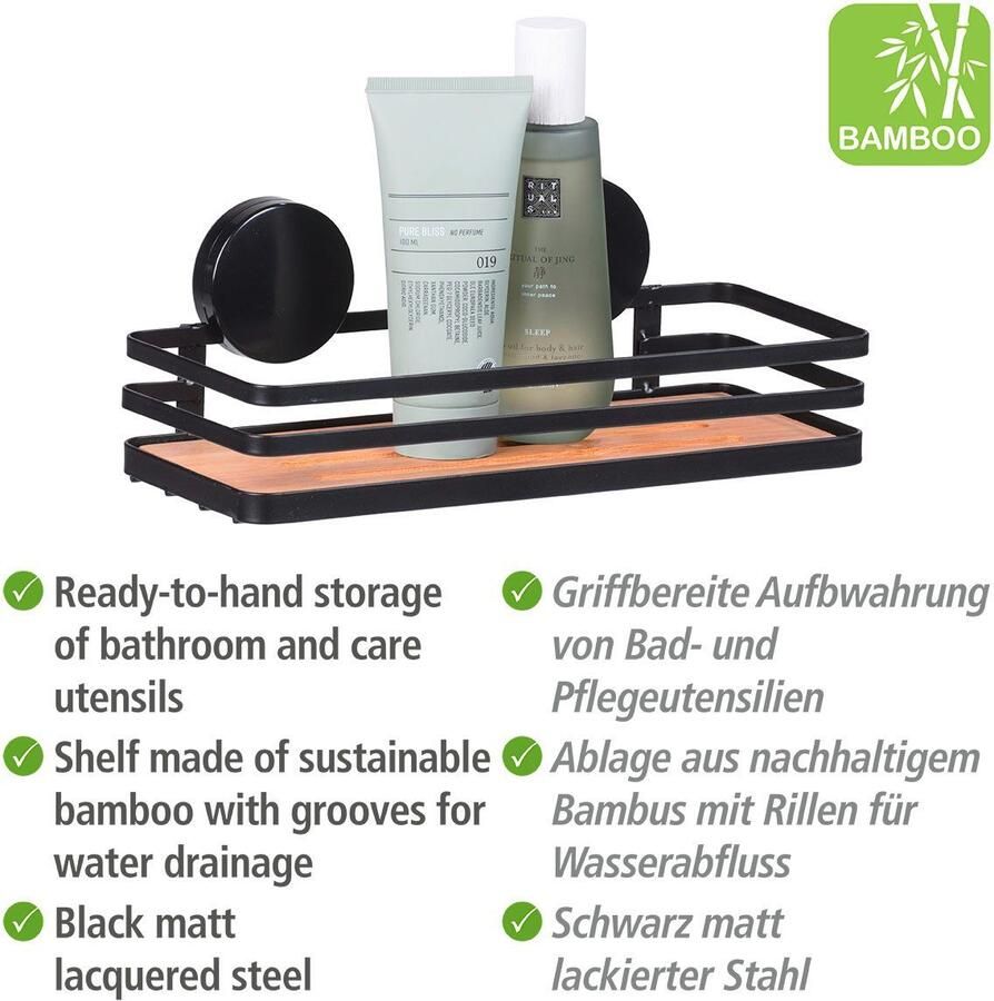 Wenko Static-Loc Plus Alba Wandplank badkamerplank van gelakt staal en duurzame bamboe bevestigen zonder boren veilige grip door statische hechting 26 x 11 x 12 cm zwart naturel - Foto 2
