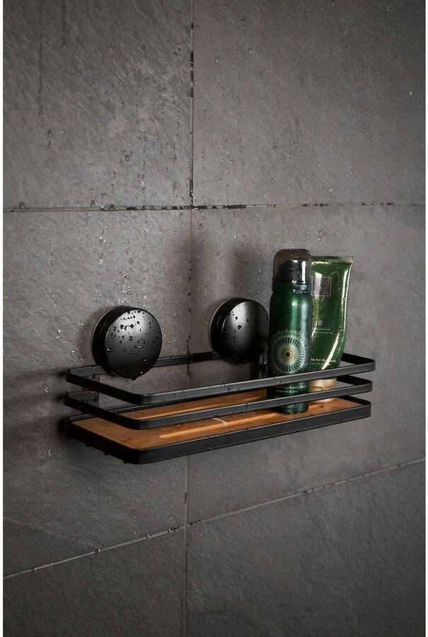 Wenko Static-Loc Plus Alba Wandplank badkamerplank van gelakt staal en duurzame bamboe bevestigen zonder boren veilige grip door statische hechting 26 x 11 x 12 cm zwart naturel - Foto 6