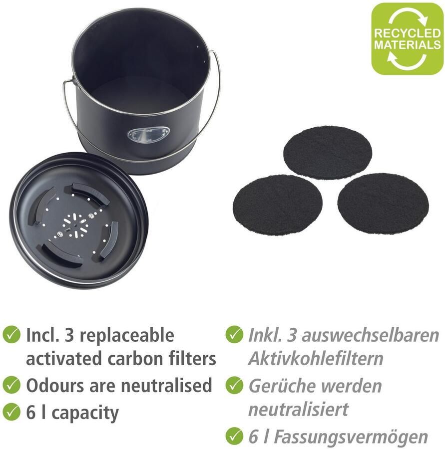Wenko Bio-afvalbak Model Nero Compostemmer van metaal incl. 3 actieve koolfilters om te vervangen 6 L - Foto 2