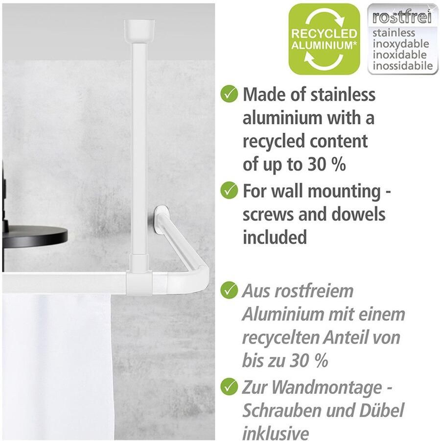 Wenko Douchestangen-plafondhouder Model Era Plafondsteun van aluminium voor hoekrail Era 57 cm