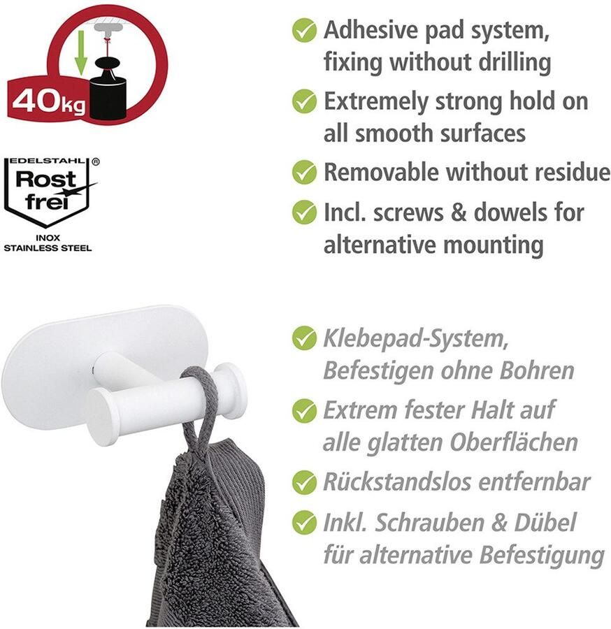 Wenko Dubbele haak Turbo-Loc model Duo Orea van roestvrij staal voor handdoeken bevestiging zonder boren - Foto 2