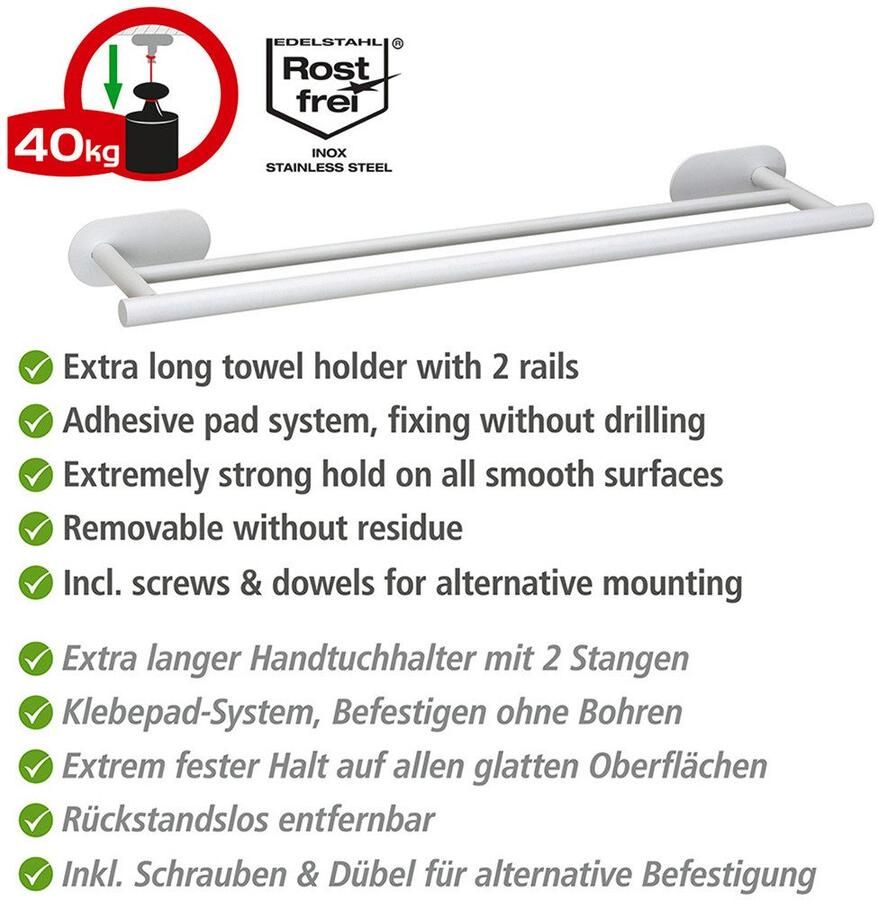 Wenko Dubbele handdoekhouder Turbo-Loc model Duo Orea van roestvrij staal bevestiging zonder boren 60 cm