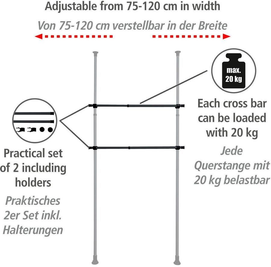 Wenko Modulair zwart rek Horizontale telescopische kledingroede 2 stuks Ophangen zonder boren - Foto 2