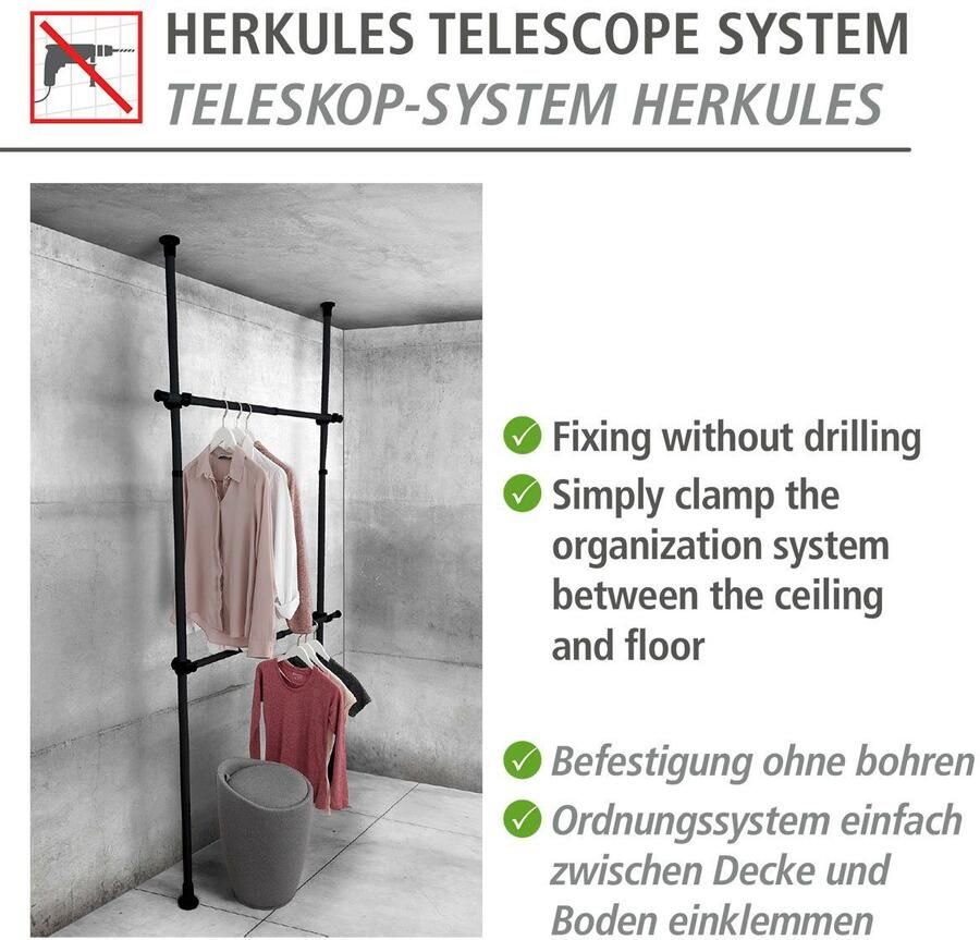 Wenko Modulair zwart rek Horizontale telescopische kledingroede 2 stuks Ophangen zonder boren - Foto 4