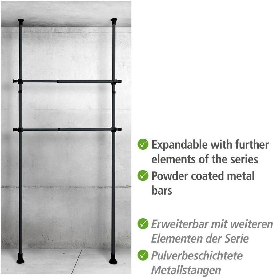 Wenko Modulair zwart rek Horizontale telescopische kledingroede 2 stuks Ophangen zonder boren - Foto 3