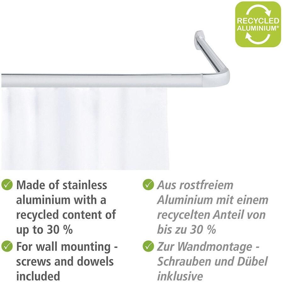Wenko Hoekstang Model Era Hoekrail van aluminium voor douchegordijnen inclusief 16 speciale glijders 81 cm x 2 cm