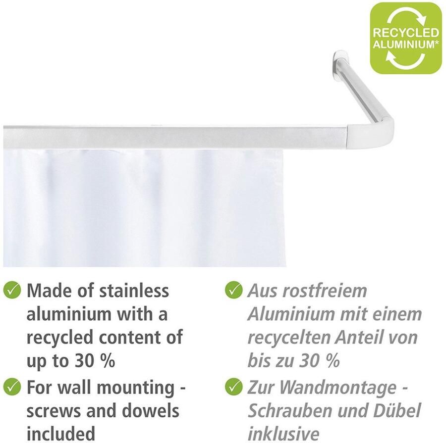 Wenko Hoekstang Model Era Hoekrail van aluminium voor douchegordijnen inclusief 16 speciale glijders 81 cm x 2 cm - Foto 2
