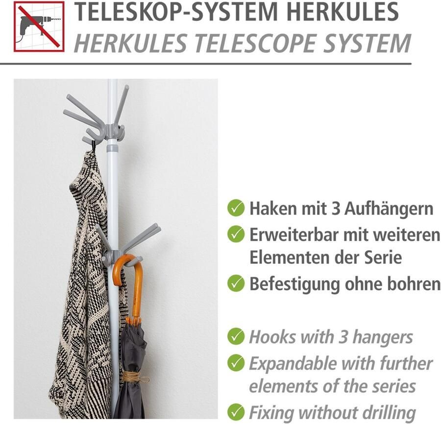 Wenko Kapstokhaken Model Herkules Haak met 3 hangers uitbreiding voor het Herkules telescopisch systeem (set 2 stuks) - Foto 2