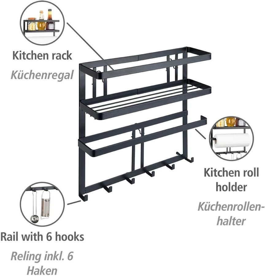 Wenko Keukenrek Model Gala met keukenrollenhouder & reling inclusief 6 haken industriële stijl (set) - Foto 4